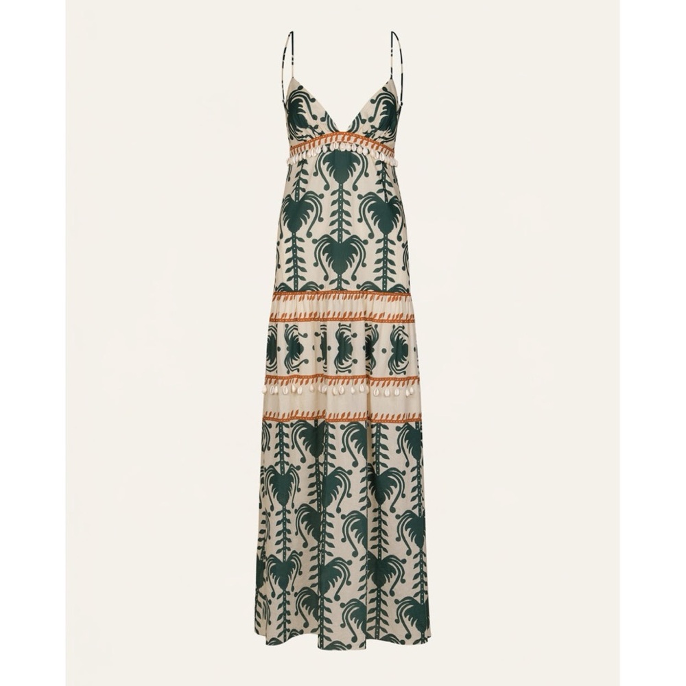 NEW Johanna Ortiz Keeper Maxi Dress (Sz 2) Shell Trim Cotton Poplin Ecru Green - Picture 1 of 16